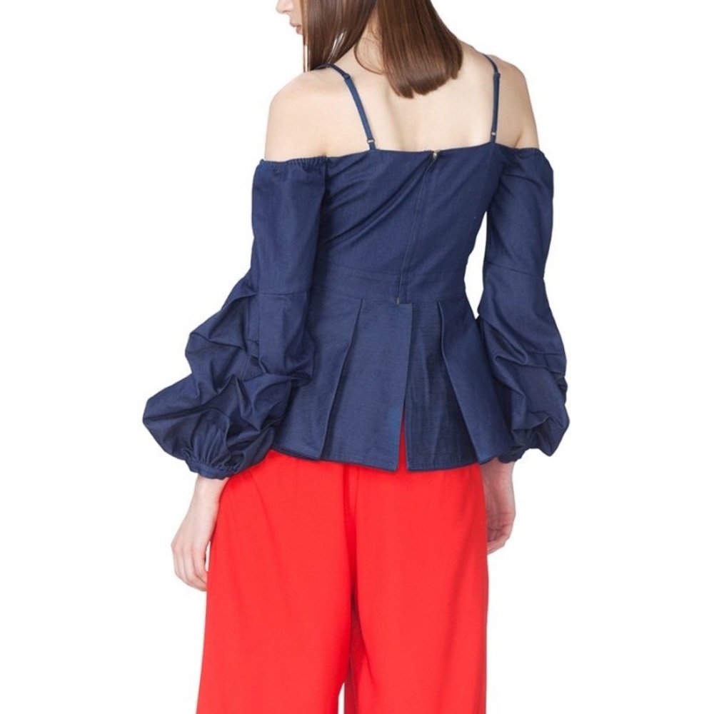 Off Shoulder Ruffle Denim Crop Top - Picture 2 of 2